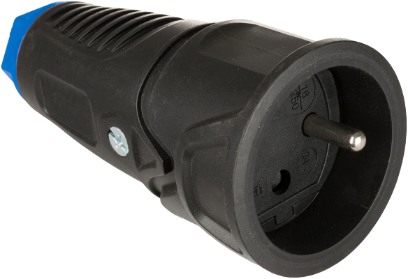 Prise mobile 2P+T (français), 16A 250V~. Caoutchouc couleur noir.