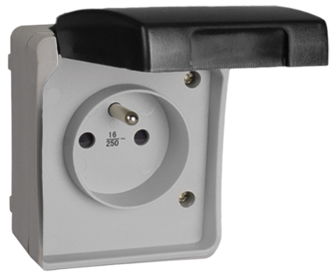 Prise fixe étanche 2P+T (français), 16A 250V~. IP44. De surface.