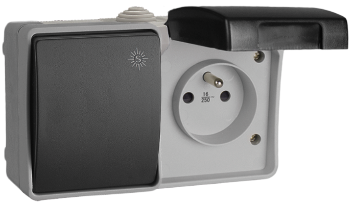 Prise fixe étanche 2P+T (français), 16A 250V~ + commutateur / interrupteur étanche 10AX 250V~. IP44. De surface.