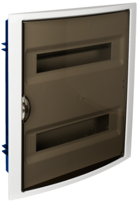 Boîte de distribution de 28 module pour encastrer dans une cloison creuse. Système de fixation avec pinces en plastique.