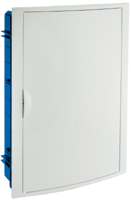 Boîte de distribution de 42 modules pour encastrer dans une cloison creuse. Système de fixation avec support multi-perforé couleur bleu.