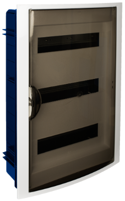 Boîte de distribution de 42 modules pour encastrer dans une cloison creuse. Système de fixation avec support multi-perforé couleur bleu.