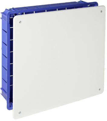 Boîte de jonction pour encastrer dans une cloison creuse. De 260 x 260 mm. Couvercle avec vis. Fixation avec griffes en métal.