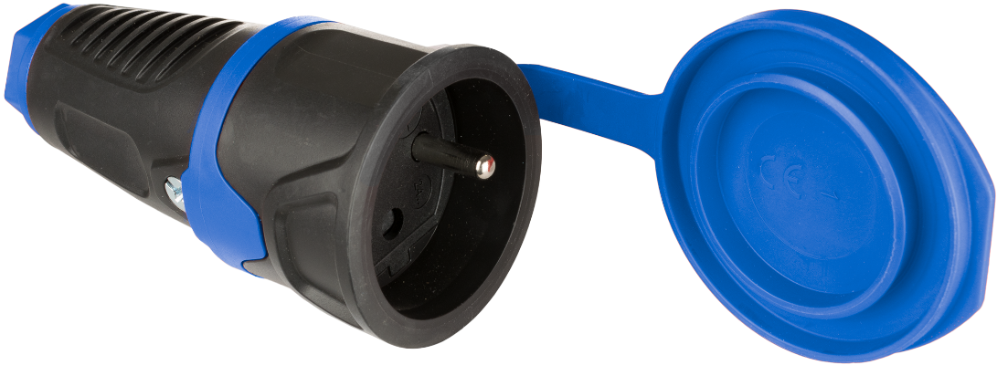 Prise mobile 2P+T (français), 16A 250V~. Caoutchouc couleur noir.