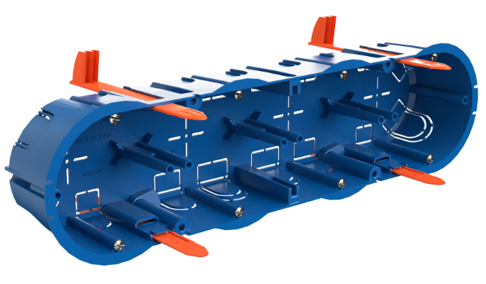 Boîte dappareillage pour encastrer en cloison sèche. Pour 4 modules. Système de fixation avec collier câblage.