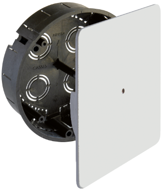 Boîte de jonction encastrée. Ø 150 mm. Couvercle carré réglable, réglage périmétrique, avec vis centrale.