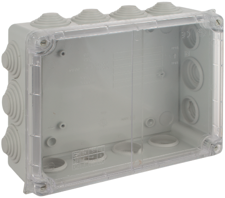 Boîte étanche de connexion 220 x 170 x 80 mm avec cônes. Couleur gris et couvercle transparent.