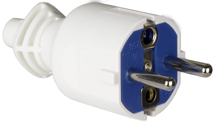 Fiche 2P+T, 16A 250V~. élastomère blanc.