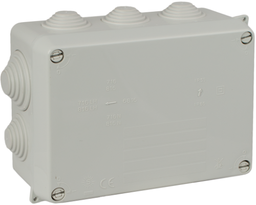 Boîte étanche de connexion 153 x 110 x 65 mm avec cônes. Couleur gris.