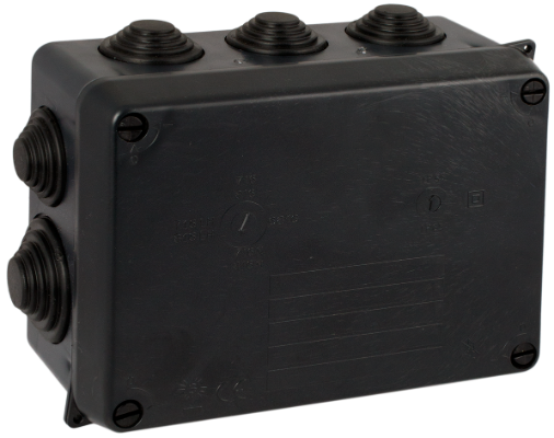 Boîte étanche de connexion 153 x 110 x 65 mm avec cônes. Couleur noire.