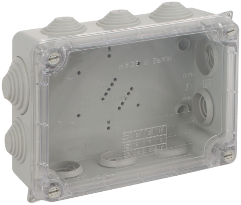 Boîte étanche de connexion 153 x 110 x 65 mm avec cônes. Couleur gris et couvercle transparent.
