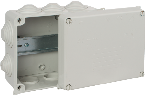 Boîte étanche de connexion 160 x 135 x 70 mm avec cônes. Couleur gris. Avec rail DIN.