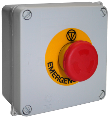 Boîte étanche assemblée 100 x 100 x 55 mm avec arrêt durgence.