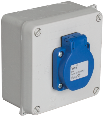 Boîte étanche assemblée 100 x 100 x 55 mm avec prise Schuko 2P+T, 16A 250V~, IP54.