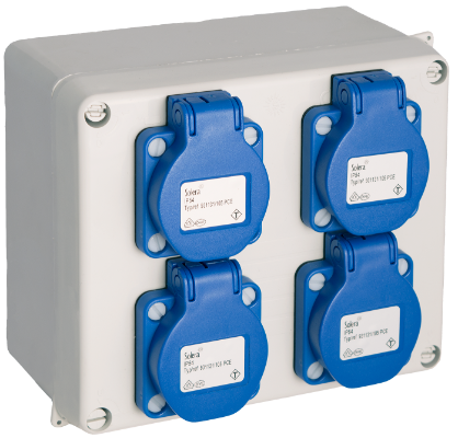 Boîte étanche assemblée 165 x 135 x 70 mm avec 4 prises Schuko 2P+T, 16A, 250V~, IP54.