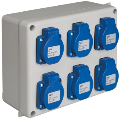 Boîte étanche assemblée 220 x 170 x 80 mm avec 6 prises Schuko 2P+T, 16A, 250V~, IP54