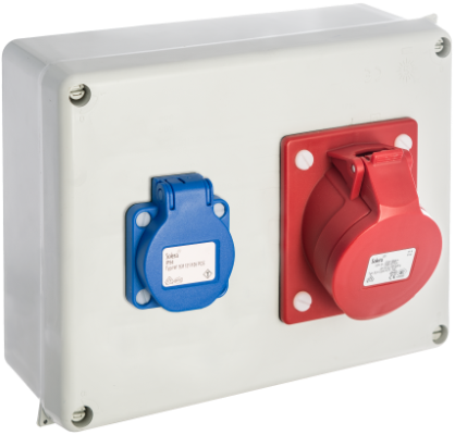 Boîte étanche assemblée 220 x 170 x 80 mm avec 1 prise Schuko 2P+T, 16A, 250V~ + 1 prise CE 3P+T 16A 400V~