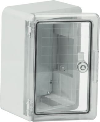 Coffret étanche en thermoplastique. Porte lisse (transparente). Dimensions extérieures 200x300x130 mm.