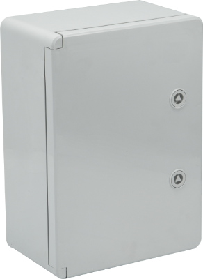 Coffret étanche en thermoplastique. Porte lisse (opaque). Dimensions extérieures 250x350x150 mm.