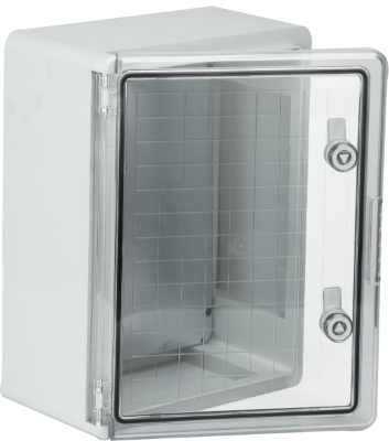 Coffret étanche en thermoplastique. Porte lisse (transparente). Dimensions extérieures 300x400x170 mm.