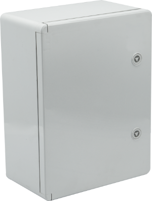 Coffret étanche en thermoplastique. Porte lisse (opaque). Dimensions extérieures 300x400x170 mm.