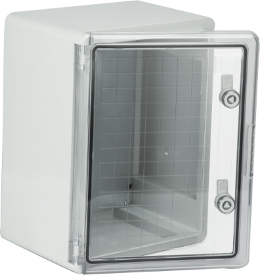 Coffret étanche en thermoplastique. Porte lisse (transparente). Dimensions extérieures 300x400x220 mm.