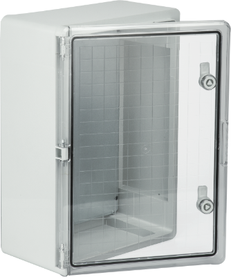 Coffret étanche en thermoplastique. Porte lisse (transparente). Dimensions extérieures 350x500x190 mm.