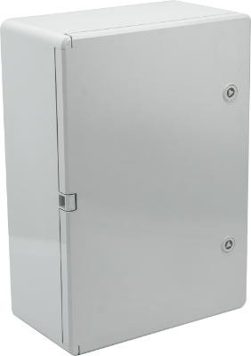 Coffret étanche en thermoplastique. Porte lisse (opaque). Dimensions extérieures 350x500x190 mm.