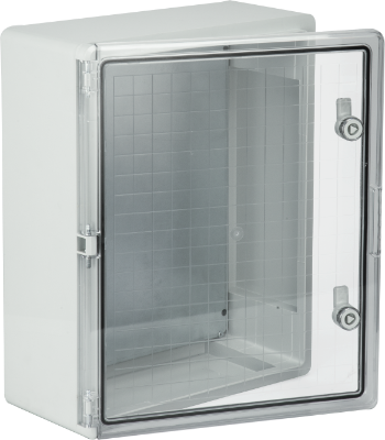 Coffret étanche en thermoplastique. Porte lisse (transparente). Dimensions extérieures 400x500x180 mm.