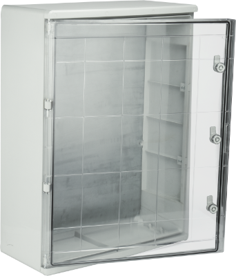 Coffret étanche en thermoplastique. Porte lisse (transparente). Dimensions extérieures 600x800x260 mm.