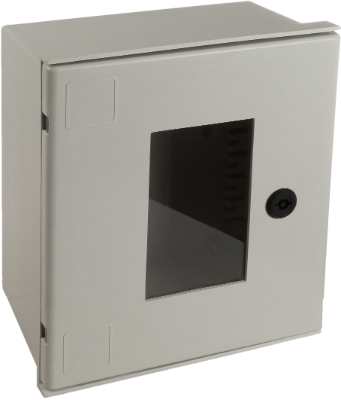 Coffret étanche de polyester. Porte transparente. Vide. Dimensions 250x300x160 mm.