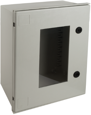 Coffret étanche de polyester. Porte transparente. Vide. Dimensions 400x500x200 mm.