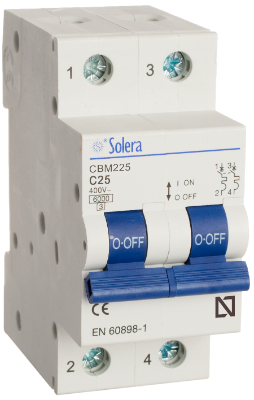 Disjoncteur magnétothermique 2P, 25A. Pouvoir de coupure 6kA. Courbe C.