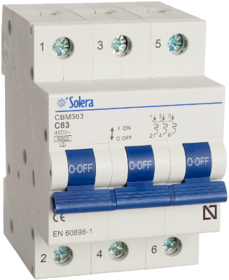 Disjoncteur magnétothermique 3P, 63A. Pouvoir de coupure 6kA. Courbe C.