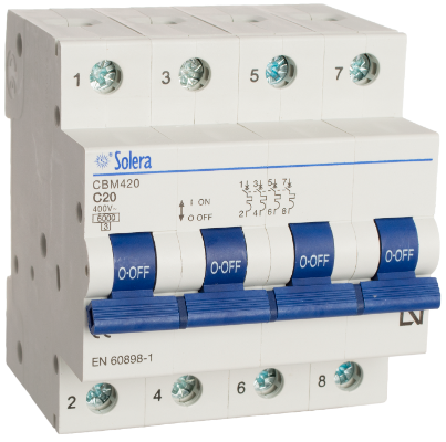 Disjoncteur magnétothermique 4P, 20A. Pouvoir de coupure 6kA. Courbe C.