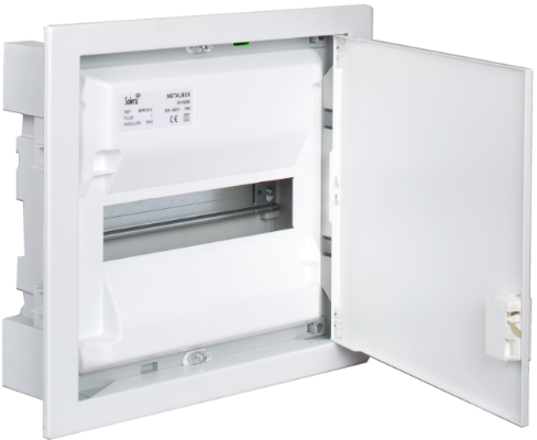 Boîte de distribution encastrée de 14 modules. Avec cadre et porte métalliques, couleur blanc.