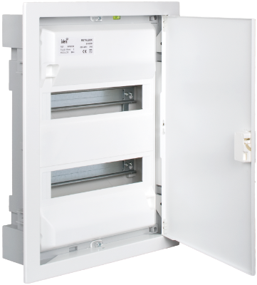 Boîte de distribution encastrée de 28 modules. Avec cadre et porte métalliques, couleur blanc.