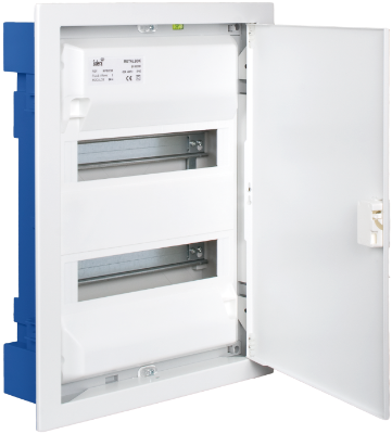 Boîte de distribution de 28 modules pour encastrer dans un murs creux. Avec cadre et porte en métal blanc