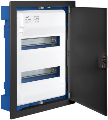 Boîte de distribution de 28 modules pour encastrer dans un murs creux. Avec cadre et porte en métal couler graphite