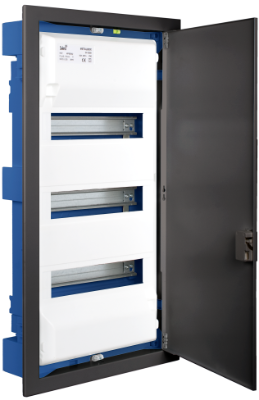 Boîte de distribution de 42 modules pour encastrer dans un murs creux. Avec cadre et porte en métal couler graphite
