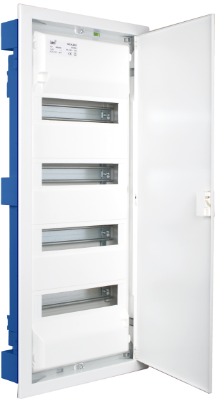 Boîte de distribution de 56 modules pour encastrer dans un murs creux. Avec cadre et porte en métal blanc