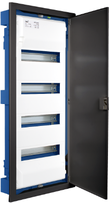 Boïte de distribution de 56 modules pour encastrer dans un murs creux. Système de fixation avec pince en métal. Ref. G-MP28. Couleur graphite