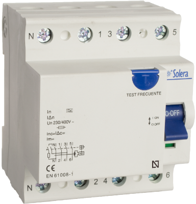 Disjoncteur différentiel 4P, 40A. Courbe A. Sensibilité 30 mA.